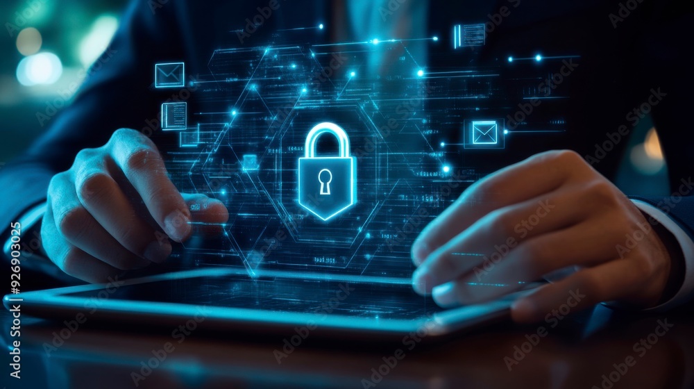 Poster a businessman shows a lock icon to protect data and secure internet access. the concept of cybersecu