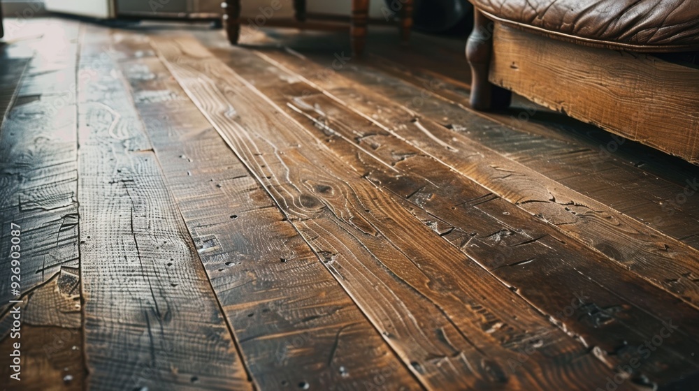 Poster an aged wooden floor with a unique pattern of wear and tear, offering a distinctive and rustic look.