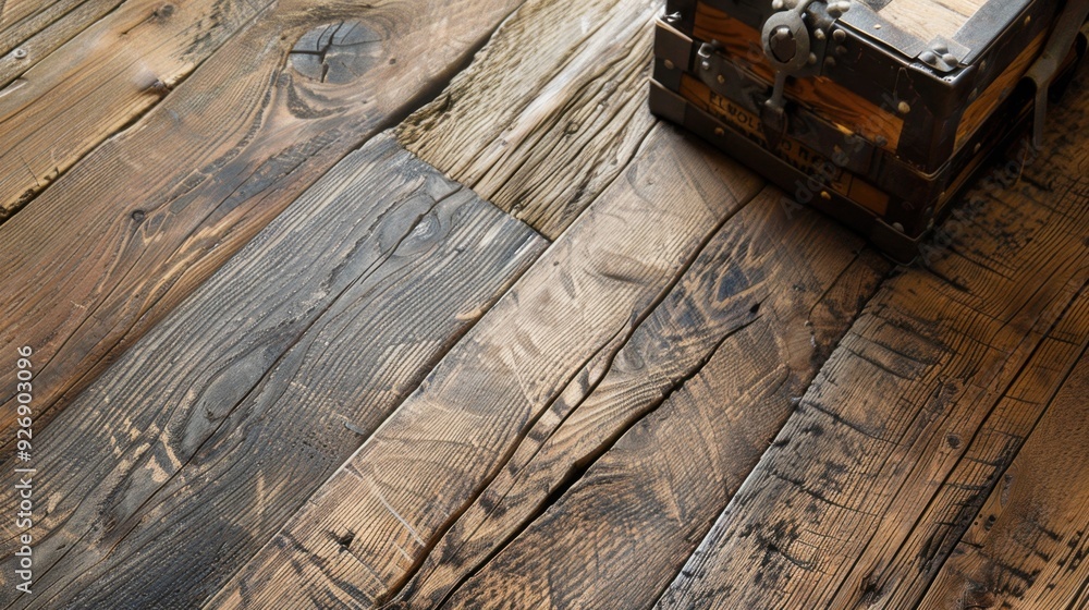 Poster an aged wooden floor with a unique pattern of wear and tear, offering a distinctive and rustic look.