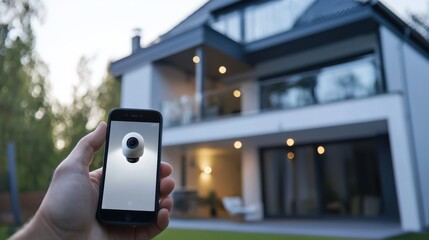 A smart home security system with AI-powered cameras monitoring the perimeter in real-time alerts being sent to the homeowners smartphone for immediate action providing peace of mind