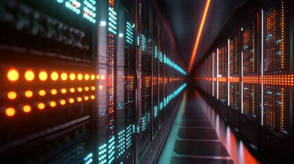 A data center filled with rows of servers blinking lights indicating data processing AI systems managing and optimizing the infrastructure