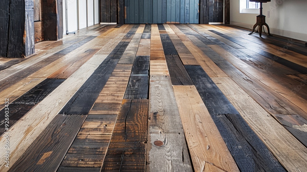 Poster an old wooden floor with a mix of dark and light planks, adding depth and interest to the space.
