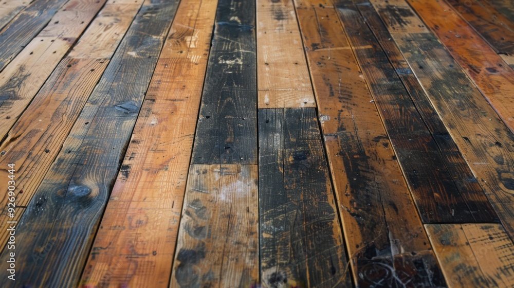 Poster An old wooden floor with a mix of dark and light planks, adding depth and interest to the space.