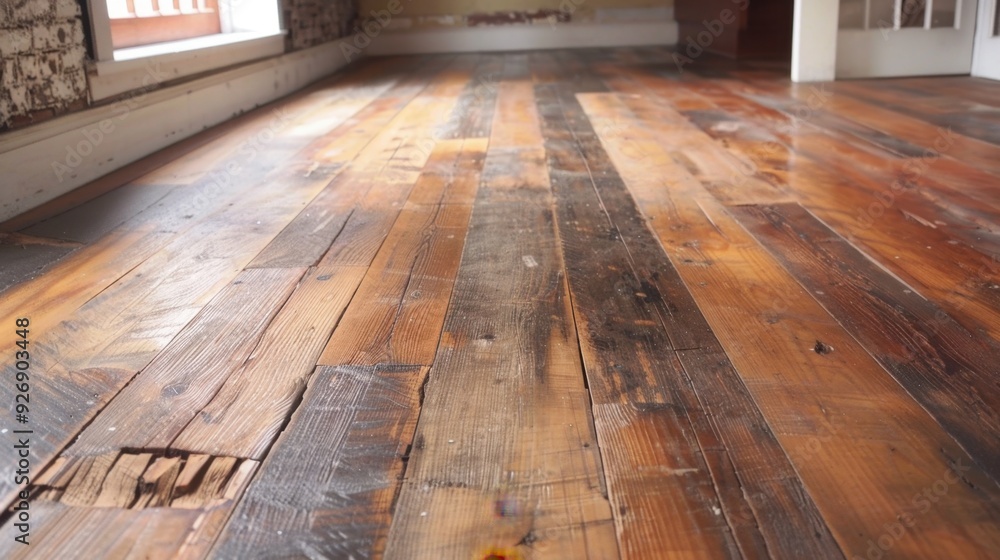 Poster an old wooden floor with a mix of dark and light planks, adding depth and interest to the space.