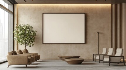 Large blank frame in a minimalist office with sleek furniture