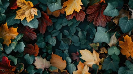 An overhead view of assorted leaves with a large blank area in the middle for text.