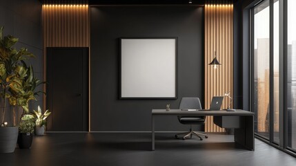 Large blank frame in a minimalist office with sleek furniture