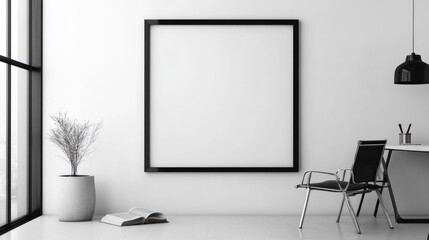 Large blank frame in a minimalist office with sleek furniture