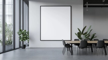 Large blank frame in a minimalist office with sleek furniture