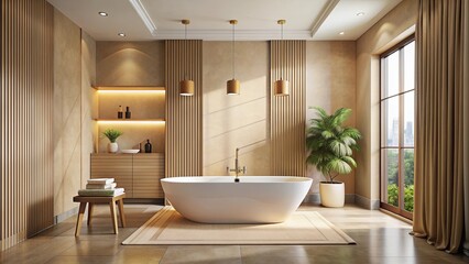 Luxurious modern bathroom interior with beige walls and a stylish bathtub