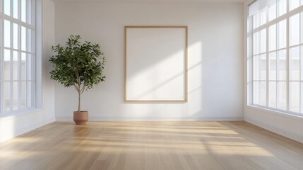 Minimalist living room with a blank wall frame and a single plant
