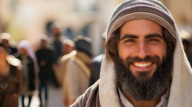 ancient Israel in old time a man walking in bazaar that crowd of people,