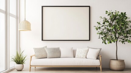 Minimalist living room with a blank wall frame and a single plant