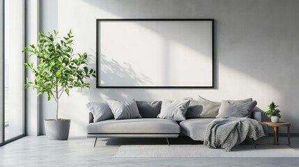 Minimalist living room with a blank wall frame and a single plant