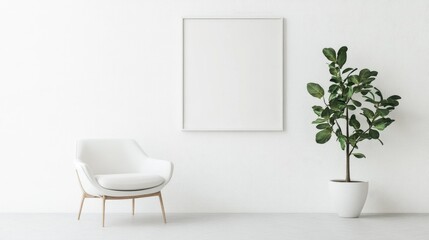 Minimalist living room with a blank wall frame and a single plant