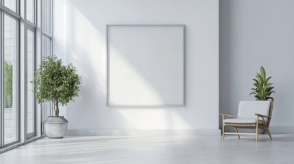 Minimalist living room with a blank wall frame and a single plant