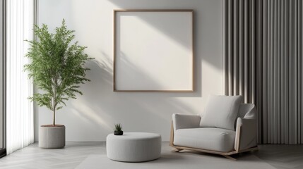 Minimalist living room with a blank wall frame and a single plant