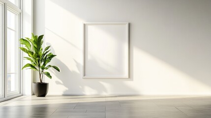 Minimalist living room with a blank wall frame and a single plant