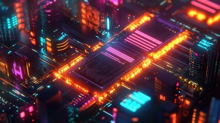 Fototapeta premium Neon-lit circuit boards a cityscape