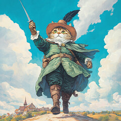 Feline Fencer: Mischievous Cat vs. Giant in Boots and Feathered Hat in Whimsical Countryside