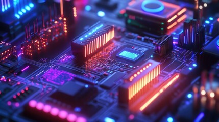 Obraz premium Neon-lit circuit boards a cityscape