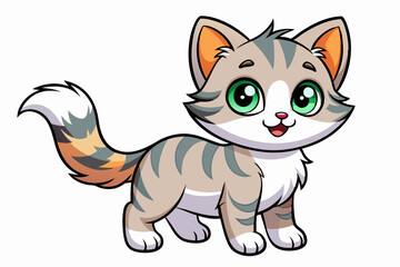A Cute Cartoon Grey, White, and Orange Tabby Cat with Green Eyes