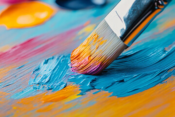 Obraz premium Artistic Brushstroke: Macro Shot of Paintbrush Applying Vibrant Color on Canvas with Textured Paint and Palette in Background