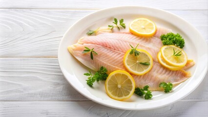 Fresh fish fillet with sliced lemon and herbs on a white plate , seafood, cooking, culinary