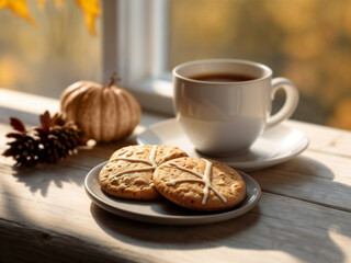 music cover poster ,  stress relief mood,  autumn cookie bakery sale background. ads banner for restaurant - store - supermarket - coffee shop.