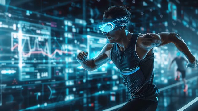 A man wearing a VR headset runs through a virtual world, surrounded by digital screens and data.