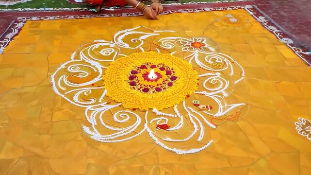 People creating a beautiful rangoli with yellow and red flower petals