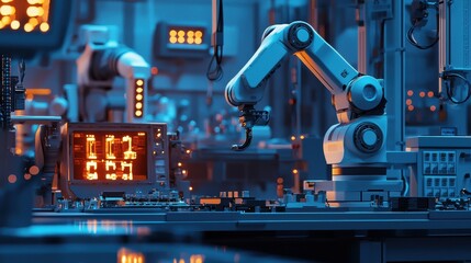 Fototapeta premium A robotics and manufacturing automation infrastructure concept featuring a robotic arm and a human worker collaborating in an industrial setting, the environment is equipped with advanced machinery