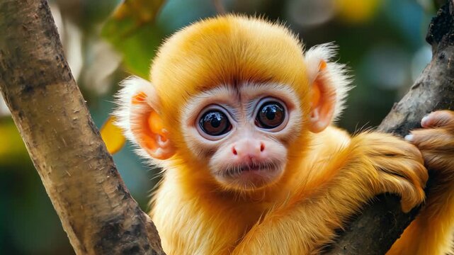golden small cute baby monkey on tree