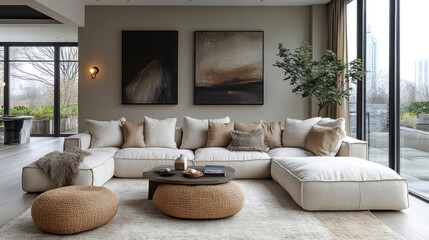 A sleek modern living room with clean lines, neutral colors, and minimalist furniture creates a serene and uncluttered space.