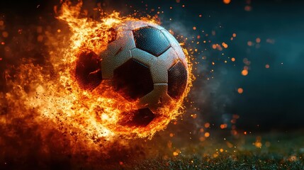 Fototapeta premium Fiery Soccer Ball in Motion, Capturing Dynamic Energy, Passion, and Intensity of the Game, Highlighting Speed, Power, and Excitement in a Dramatic Sport Scene with Flames and Motion Blur.