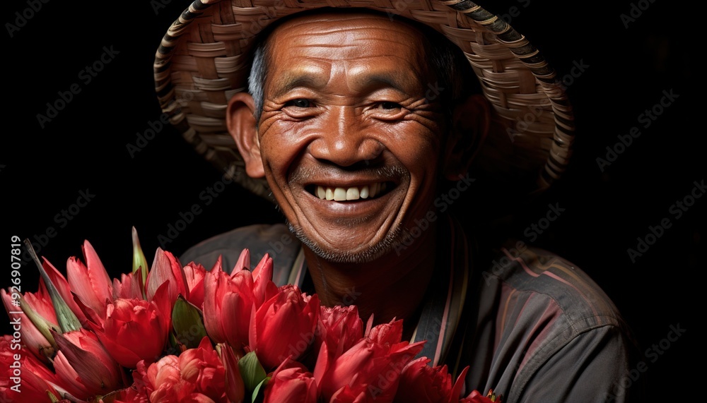 Canvas Prints a portrait of a happy balinese man is smiling and holding his smartphone