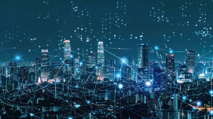 Naklejka premium Cityscape with Connected Network of Lines and Lights