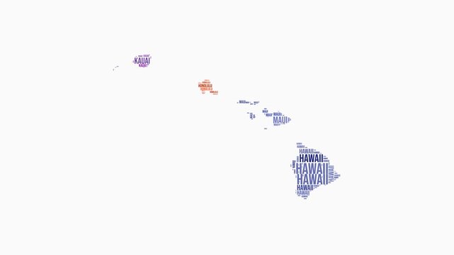 Hawaii counties word cloud animation. State logo animated video. Hawaii colored text cloud. Counties typography style motion graphics. Trending video.