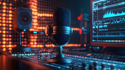 Naklejka premium 3D Broadcasting Microphone Overview High-tech microphone for audio production Abstract voice over waveforms Digital sound editing tools Podcasting concept 