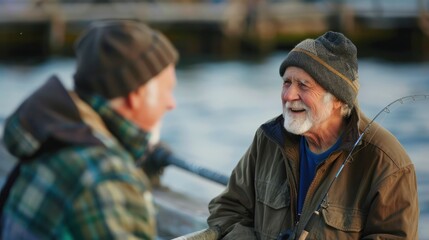 Fototapeta premium Happy senior man and his son talk while freshwater fishing from pier.