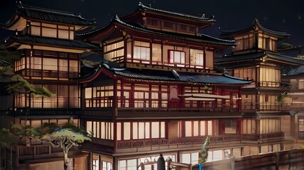 ゲーム背景　和風歴史遺産風木造ホテル