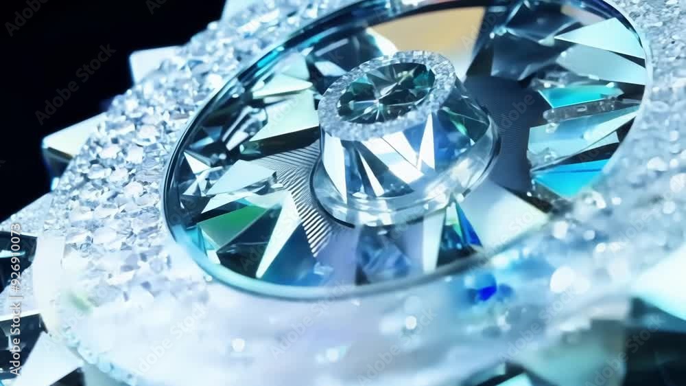 Poster close up view of a crystal mechanism with intricate gears, reflecting light and precision. evokes lu
