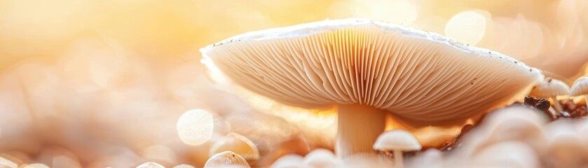 A detailed macro shot of a single mushroom pushing through the forest floor, its intricate gills and textured stem captured in soft, natural light