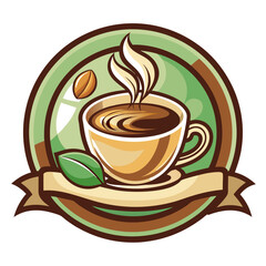 Obraz premium Steaming Cup of Coffee with Bean and Leaves in a Circular Frame