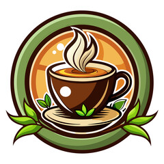 Obraz premium Steaming Cup of Coffee with Green Leaves in a Circular Frame