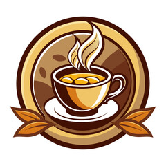 Obraz premium Steaming Cup of Coffee with Leaves and a Brown Background