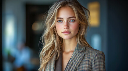 Obraz premium Young businesswoman with long blonde hair is posing in a modern office building