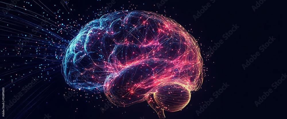 Aufkleber abstract brain shaped design with a mesh-like network and particles flying out, with a dark backgrou