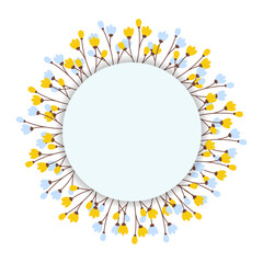Abstract circle frame border with copy space inside and floral wreath of blossom twigs. Isolated
