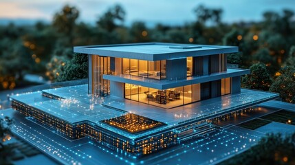 A miniaturized modern home design hovering above a digital device